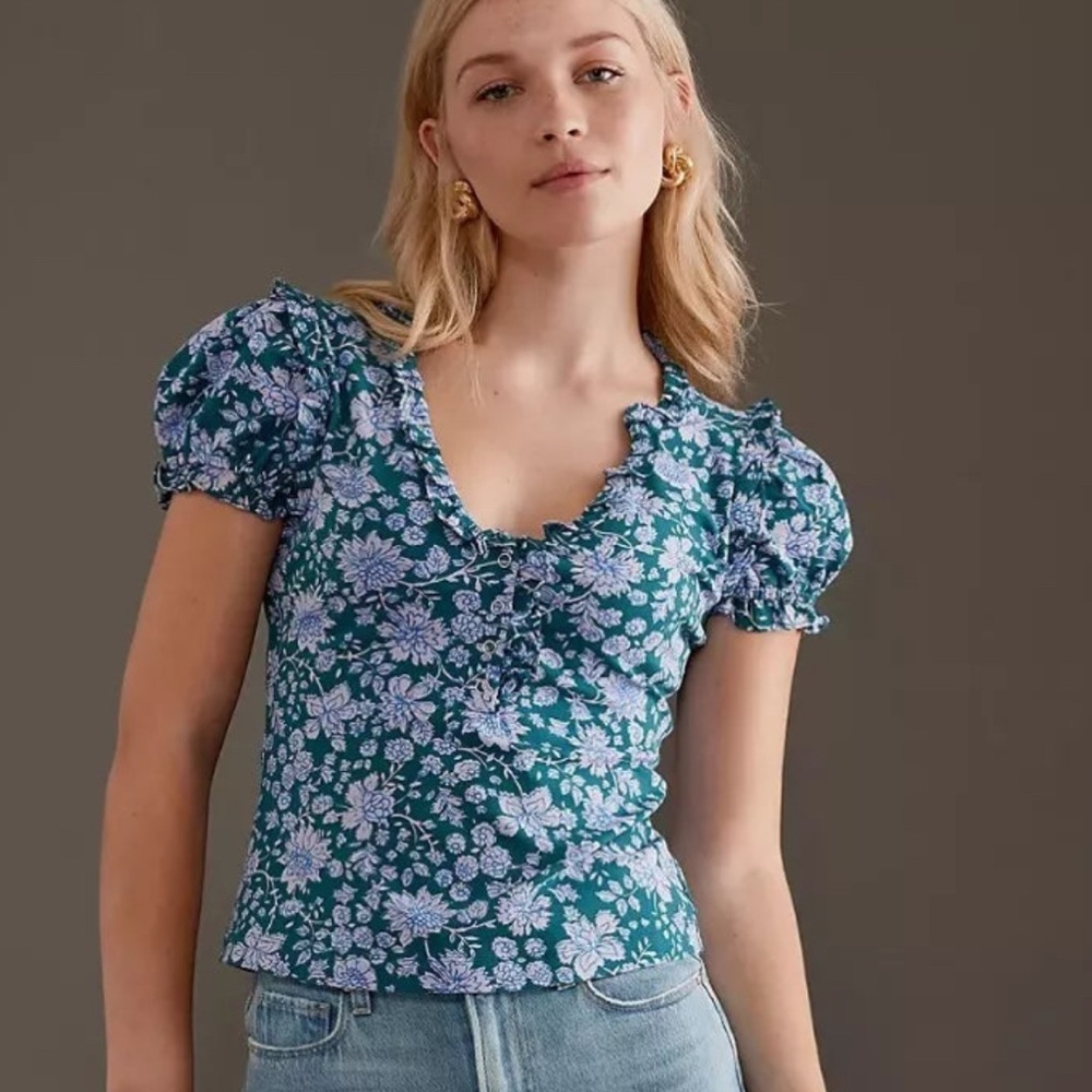 Anthropologie Maeve Puff-Sleeve Ruffle Floral Henley Tee Blouse Top